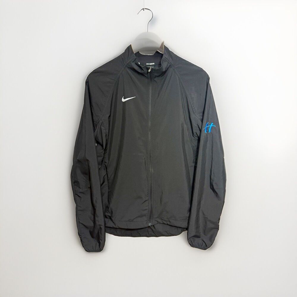 Nike Running Windbreaker Jacket Mens L Black Reflective Swoosh Full Zip